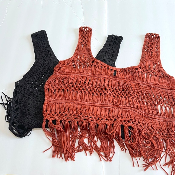2x Crochet Crop Top with Tassel Fringes in Rust and Black - Picture 1 of 5